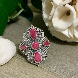 Vintage Inspired Ruby Sterling Silver Ring Size 9.5